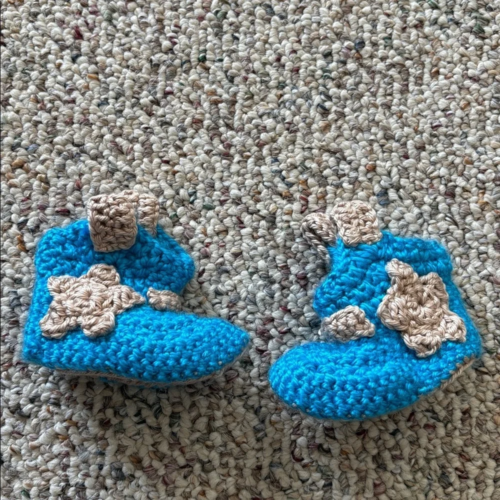 Handmade Blue and Tan Crochet Baby Booties